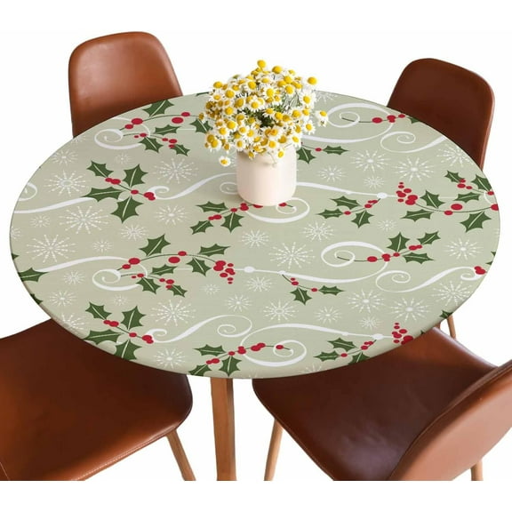 Christmas Pattern Round Table Cloth Cover Snowflake Red Berry Leaves Winter Green Tablecloth for Indoor Outdoor Picnic Party Fit for 40"-44" Round Tables