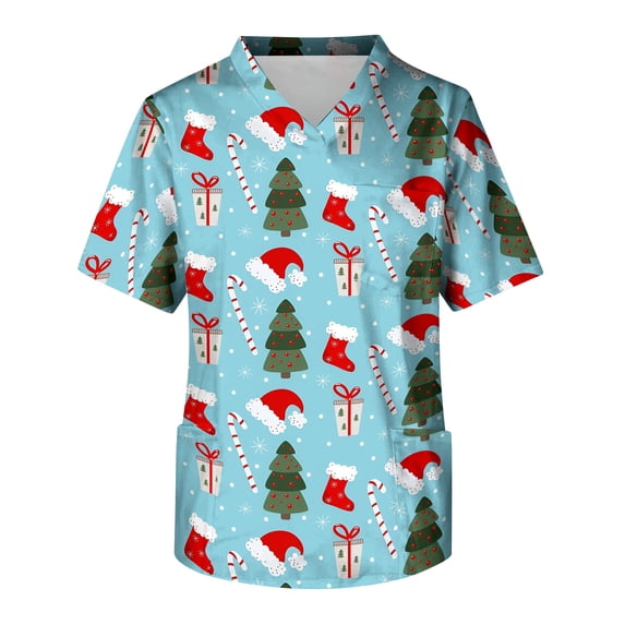 Vs Tree Christmas Pattern Scrub Tops Men Casual V-Neck Short Sleeve Scrub ...