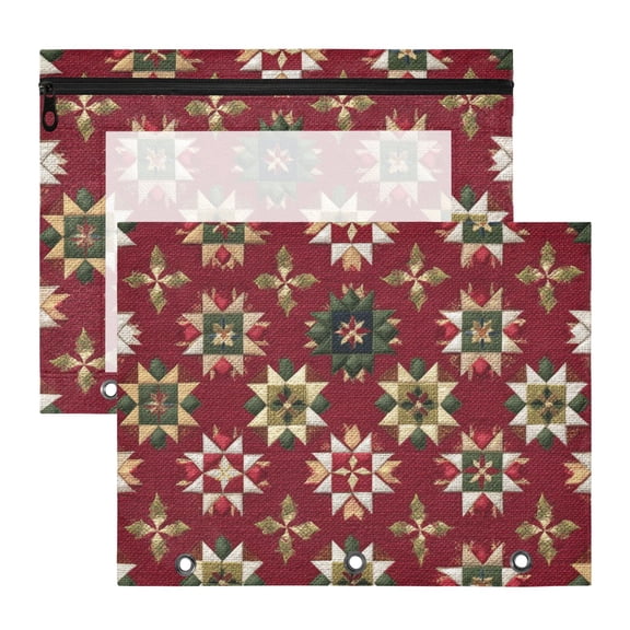 Christmas Pattern on Red Background 3-Ring Binder Pocket with Zipper Pencil Pouches A4 Size File Storage 2 Packs