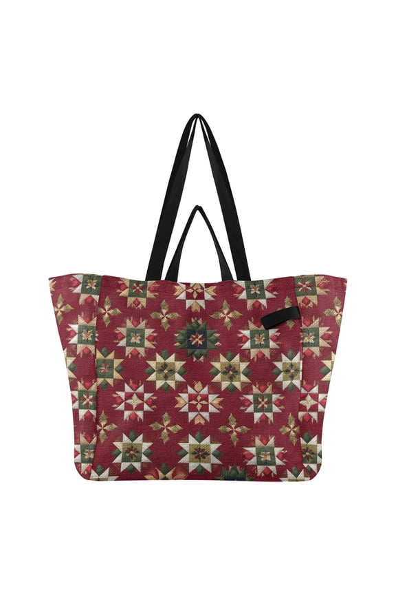 Christmas Pattern on Red Background Foldable Canvas Tote Bags Reusable Grocery Bags Laundry Bags Beach Bag 32L