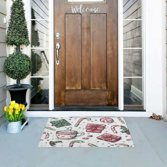 Christmas Pattern with Candy Canes Highly Absorbent Polyester Doormat Anti-slip Anti-fouling Indoor Outdoor Entrance Welcome Mat 32×20in.