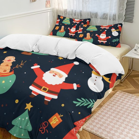 Christmas Pattern with Santa, Trees, And Snowmen Duvet Cover Set Bedding Set Polyester Quilt Cover for Bedroom Decoration