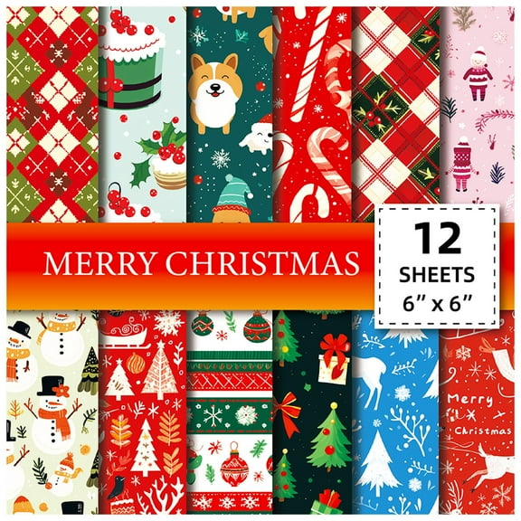 Christmas Patterned Paper Set, 12 Sheets Decorative Paper for Card Making Crafting Scrapbooking Holiday Decorations Office&Craft&Stationery