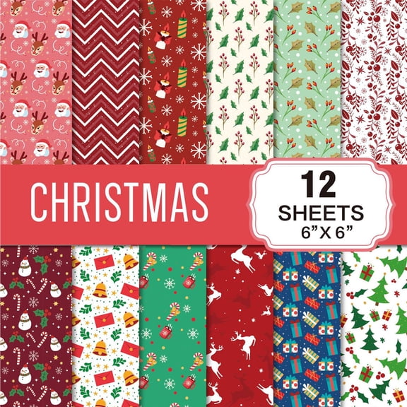 Christmas Patterned Paper Set, 12 Sheets Decorative Paper for Card Making Crafting Scrapbooking Holiday Decorations Office&Craft&Stationery