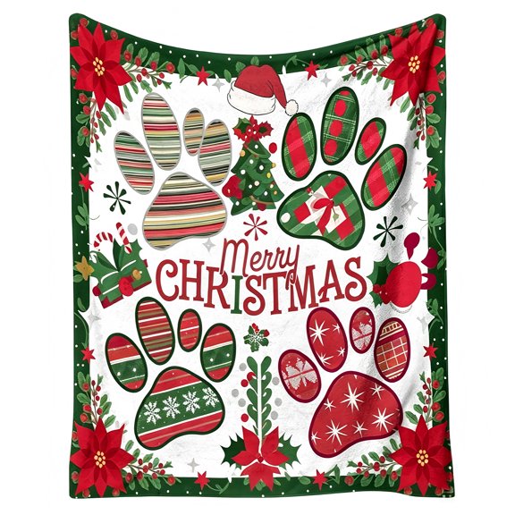 Christmas Paw Print Holiday Print Flannel Throw Blanket, 30 x 40, 40 x 50, 50 x 60, 60 x 80 Inches, Soft Cozy Blanket for Sofa Bed