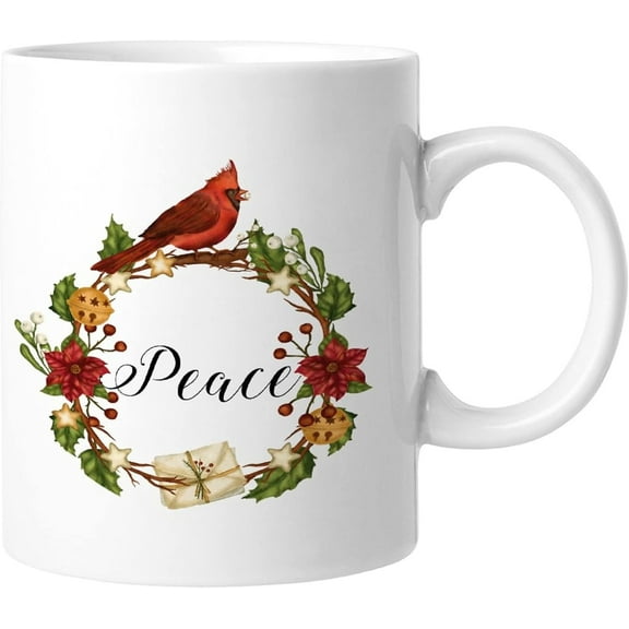 Christmas Peace Funny Coffee Mug Christmas Red Bird Mistletoe Wreath Drinking Cups 11oz Merry Christmas Birthday Gift For Friend Mom Dad