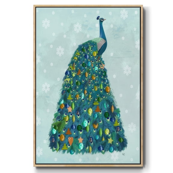 Christmas Peacock Christmas Tree - Framed Gallery Wrapped Holiday Canvas - 17 x 25 - Natural Wood Frame