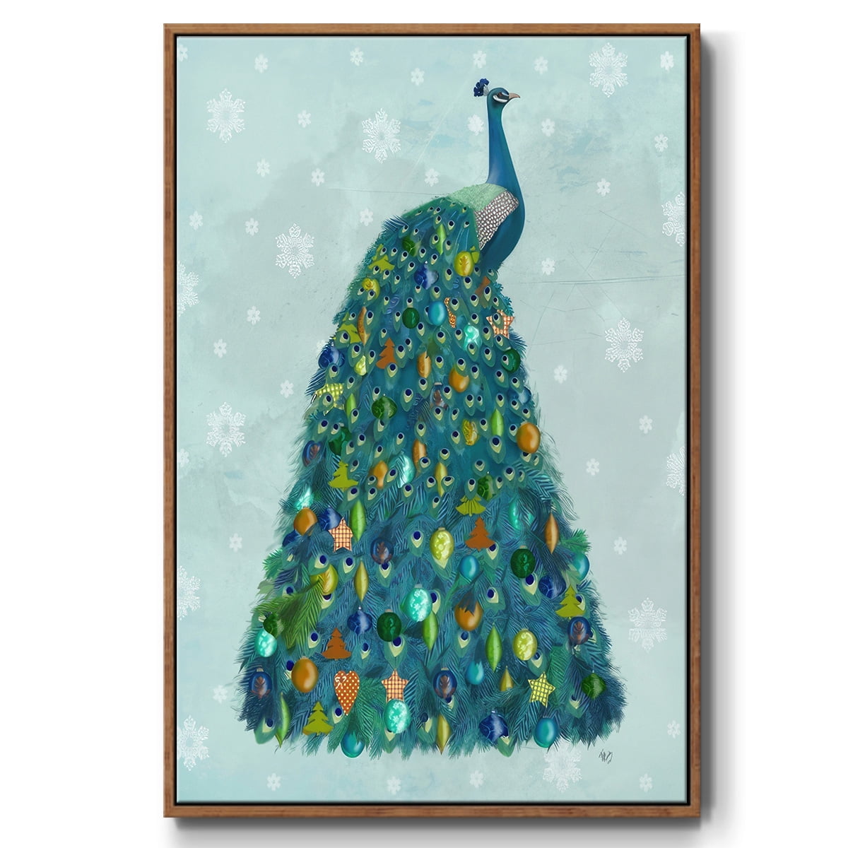Christmas Peacock Christmas Tree - Framed Gallery Wrapped Holiday Canvas - 17 x 25 - Rosewood Frame