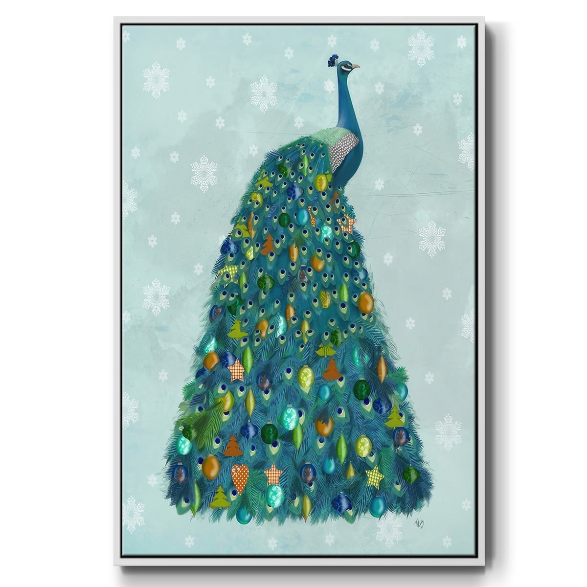 Christmas Peacock Christmas Tree - Framed Gallery Wrapped Holiday Canvas - 17 x 25 - White Frame