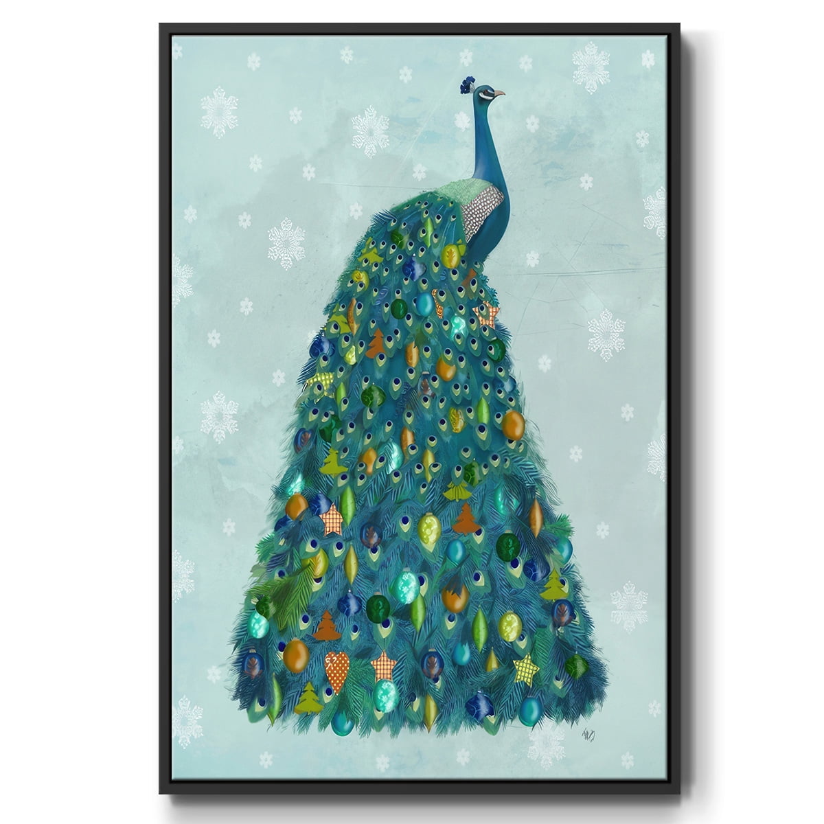 Christmas Peacock Christmas Tree - Framed Gallery Wrapped Holiday Canvas - 25 x 37 - Black Frame