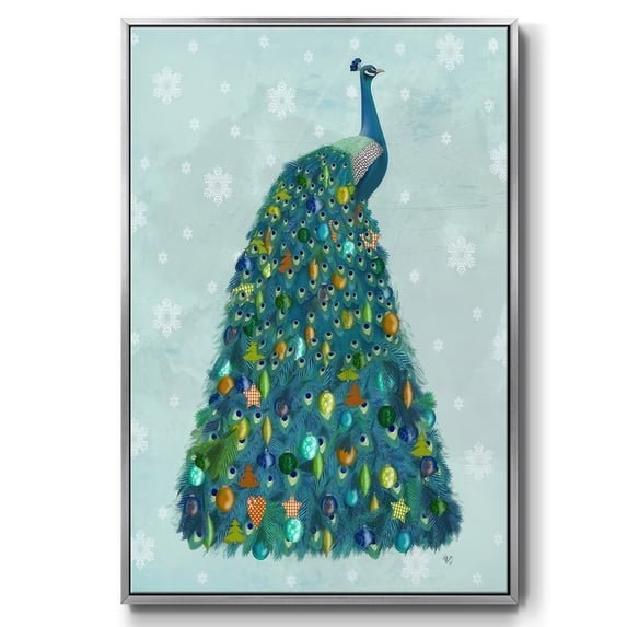 Christmas Peacock Christmas Tree - Framed Gallery Wrapped Holiday Canvas - 25 x 37 - Silver Frame