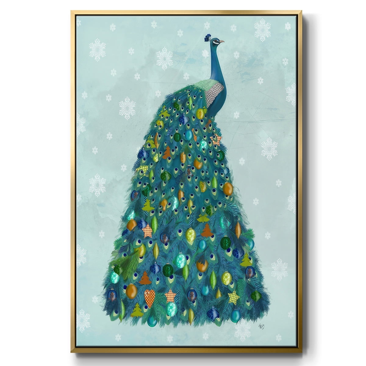 Christmas Peacock Christmas Tree - Framed Gallery Wrapped Holiday Canvas - 27 x 41 - Gold Frame