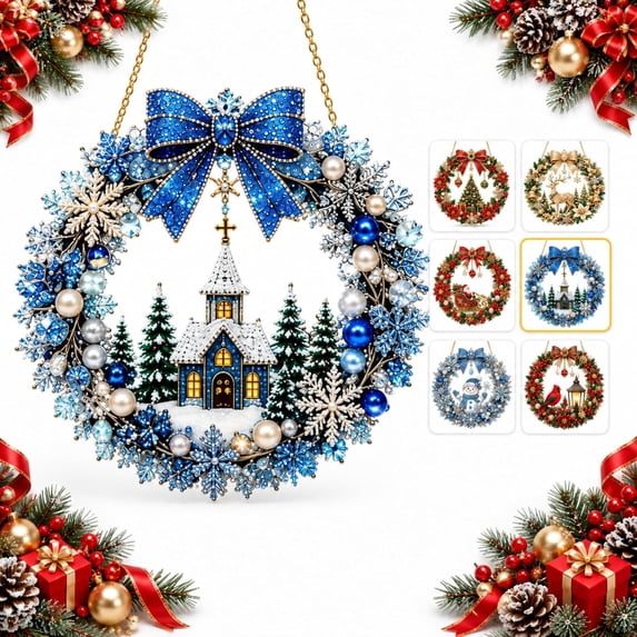 Christmas Pearl Art Diamond Painting Wreath Kit,Acrylic Pendant Craft with Rhinestones for Adults,Window Door Hanging Decor Festive Holiday Gift Idea
