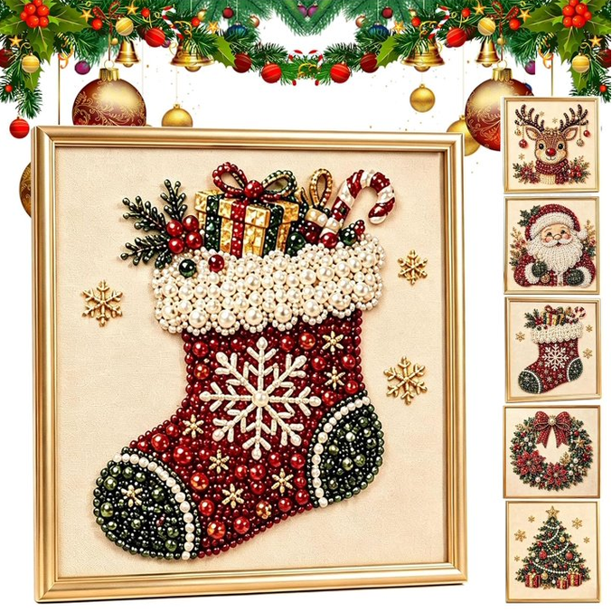Christmas Pearl Art Kit, 3D Pearl Diamond Art Kits for Adults DIY | DIY Pearl Art Kit with Shimmering Pearl Beads, Complete Tools Included, 5 Christmas Designs for Seasonal Home Decor, Gifts