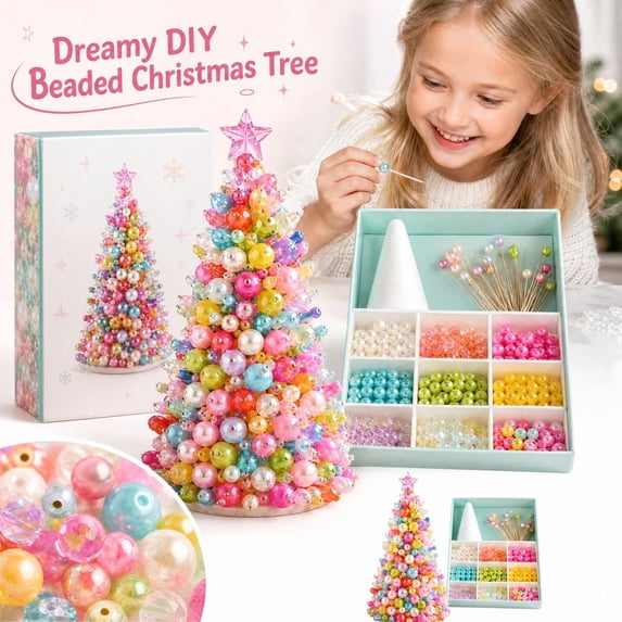 Christmas Pearl Bead Tree Craft Kit, 3D DIY Crystal Ornament Set with Star Topper & Cone Base, Adult Holiday Desk Decor, Shimmering Gemstone Assembly Art for Seasonal Home Display