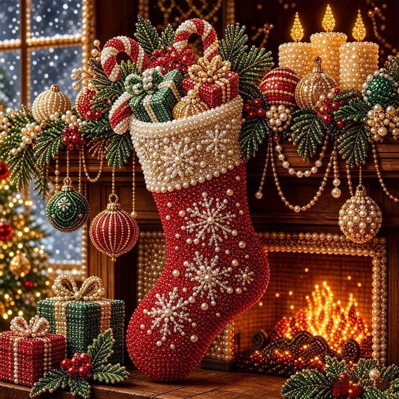 Christmas Pearl Beads Art Kit, Full Drill Round Gem Painting for Holiday Wall Decor DIY Gift 7.8x7.8in