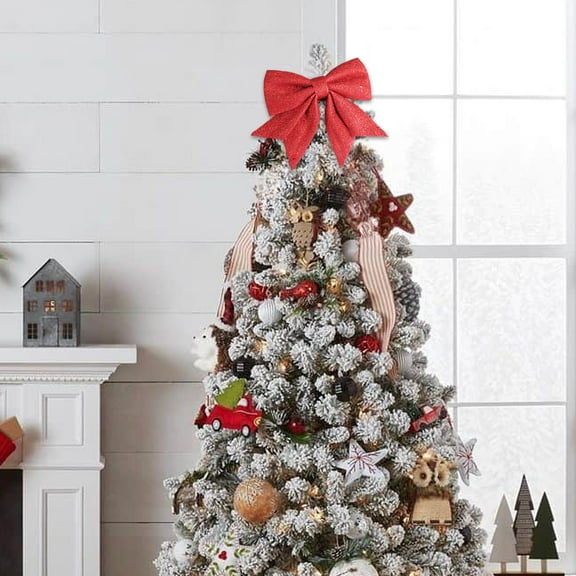 Christmas Pearl Cotton Bow with Gold Powder - 7.87x6.69in - DIY Tree Pendant, Gift Box Accessory, Mall Holiday Decoration, Festive Wreath Embellishment,Red