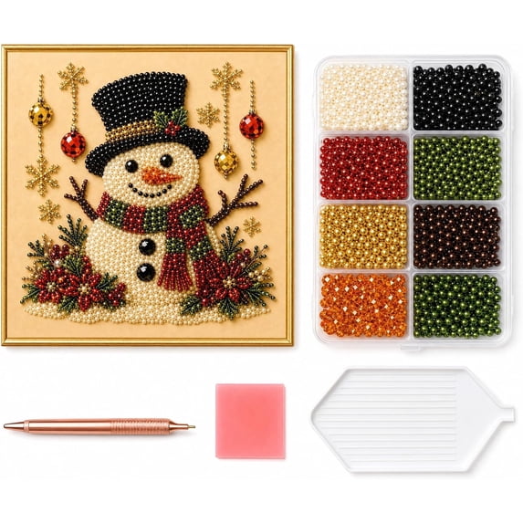 Christmas Pearl Diamond Art with Frame, 3D Frosty Snowman Painting Kit | Adorable Frosty Snowman pattern is brought to life with sparkling 3D pearls, creating a joyful and textured winter display