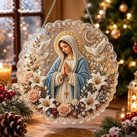Christmas Pearl Diamond Art Hanging Kit, 7.9 Inch Round Acrylic Suncatcher for Window Hanging Decor, Diamond Art Supplies, Pearl Art Ornament, Home Wall Decor