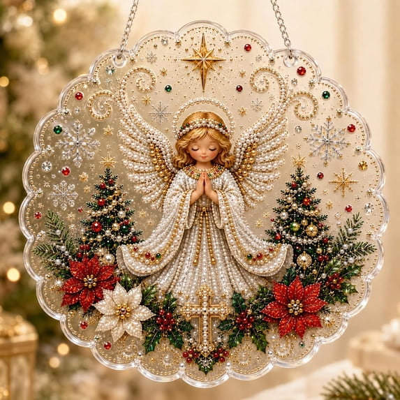 Christmas Pearl Diamond Art Hanging Ornament DIY Craft (Style 5, 8in) | Angel Scene Pearl Diamond Suncatcher, 3D Mixed-Size Pearls and Complete DIY Craft for Windows, Trees, Holiday Gifts