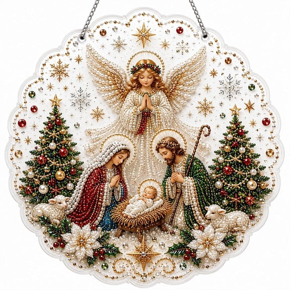Christmas Pearl Diamond Art Hanging Ornament DIY Craft (Style3, 8in) | Angel Nativity Scene Pearl Diamond Suncatcher, 3D Mixed-Size Pearls and Complete DIY Craft for Windows, Trees, Holiday Gifts