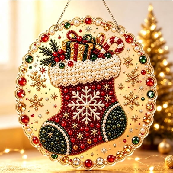Christmas Pearl Diamond Art Hanging Ornament Kit, Christmas Pearls Beads Art Craft, Diamond Arts Window Suncatchers, DIY ChristmasSanta Pearls Bead Painting Kit for Home Wall Decor(B)