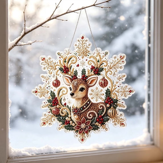 Christmas Pearl Diamond Art Hanging Ornament Kit, DIY Bead Painting Craft Suncatcher with Reindeer Designs, Sparkling Holiday Window Decor for Home Wall Tree Decoration