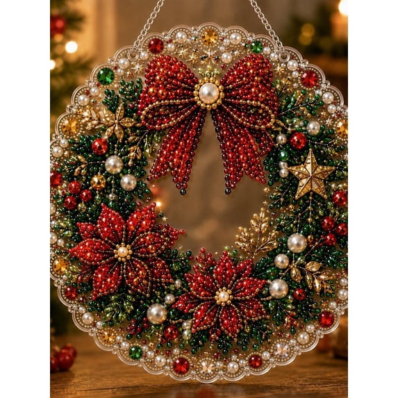 Christmas Pearl Diamond Art Hanging Ornament Kit, Handmade DIY Crystal Pearl Suncatcher Pendant, 2D Rhinestone Bead Window Wall Christmas Holiday Decoration