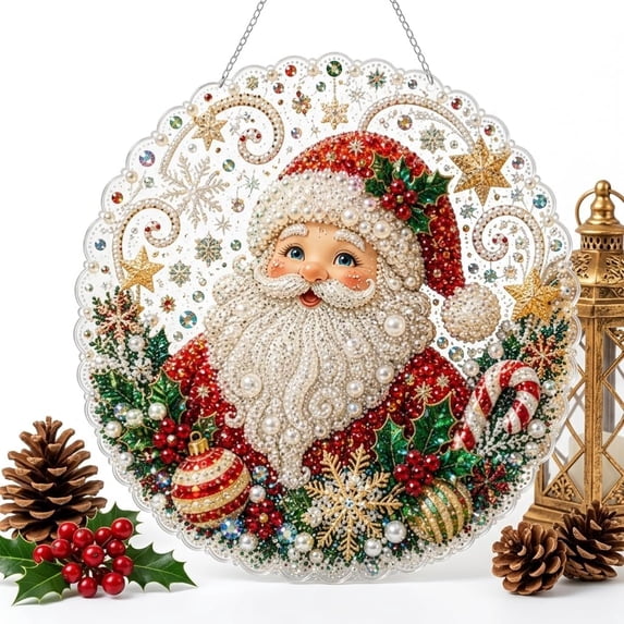 Christmas Pearl Diamond Art Hanging Ornament Kit,Santa Sun Catcher Ornament | 10in Shaped Acrylic & Pearl Diamond Art Kit for Adult Beginner,Christmas Home Decor Gift for Home Door Wall Decor