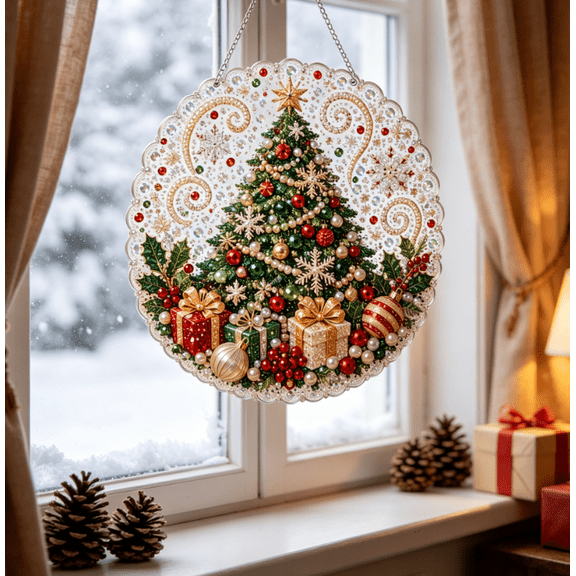 Christmas Pearl Diamond Art Hanging Ornament Kit,Santa Sun Catcher Ornament, Shaped Acrylic & Pearl Diamond Art Kit for Adult Beginner,Christmas Home Decor Gift for Home Door Wall Decor