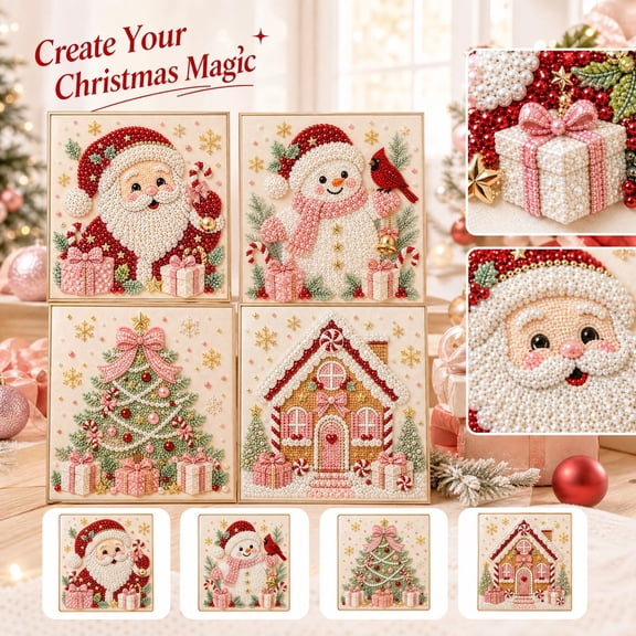 Christmas Pearl Diamond Art Kit for Adults, 5D Pearl and Crystal Painting Craft with Preprinted Canvas and DIY Tools, 7.87 x 7.87 in Holiday Decoration, 1 Kit