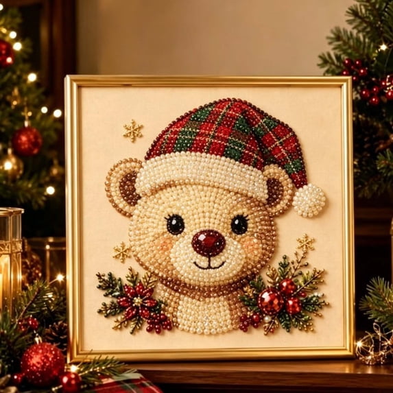Christmas Pearl Diamond Art Kit for Adults 5D Sparkling Raised Bead Painting Set on Framed Canvas Complete DIY Craft with Little Bear Patterns Holiday Home Wall Decor Gift for Beginners
