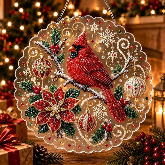 Christmas Pearl Diamond Art Kit for Adults | DIY Pearl Diamond Painting Suncatcher with 3D Mixed-Size Beads, Lace-Edge Acrylic Hanging Ornament, Pre-Attached Metal Chain Great Christmas Decor
