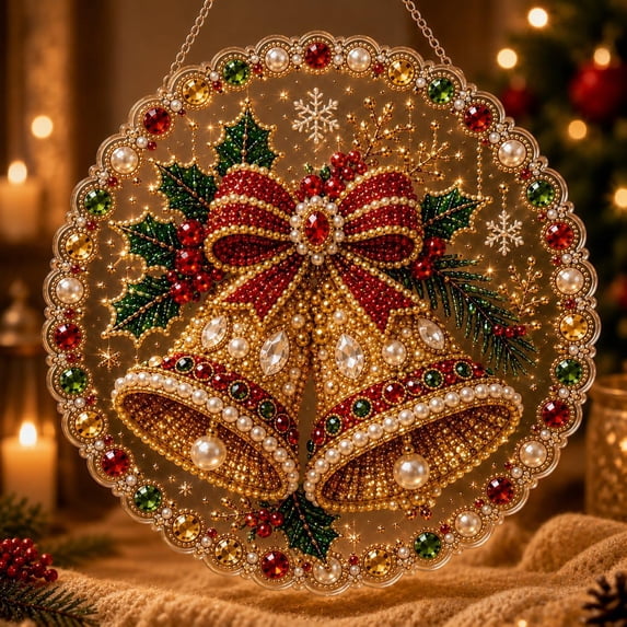 Christmas Pearl Diamond Art Kit for Adults | DIY Pearl Diamond Painting Suncatcher with 3D Mixed-Size Beads, Lace-Edge Acrylic Hanging Ornament, Pre-Attached Metal Chain Great Christmas Decor