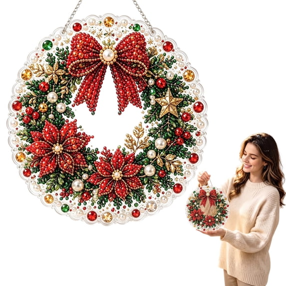 Christmas Pearl Diamond Art Kit for Adults, Diy Craft Decor,New Acrylic Hanging Craft With 3D Mixed-Size Beads,Diamond Art Christmas Ornaments,Festive Window Wall Decor 7.87 Inch