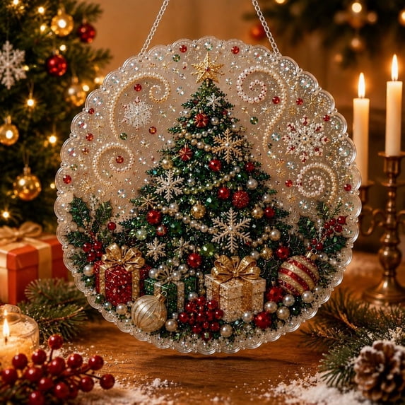 Christmas Pearl Diamond Art Kit, Christmas Pearl Diamond Art Kit for Tree Decor, DIY Pearl Diamond Painting Art Kit, 2D Hanging Ornament Craft Set for Holiday Display and Seasonal Decoration