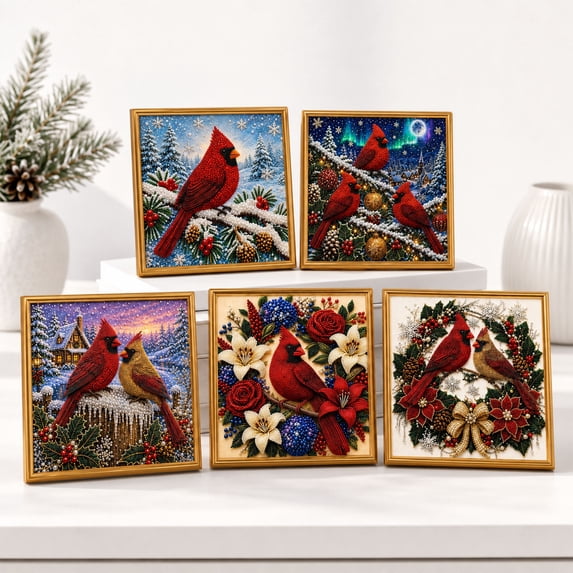 Christmas Pearl Diamond Art Kit, DIY Handicraft Painting with Winter Cardinal Bird Pattern, Framed Creative Home Decoration for Holiday Gathering and Birthday Gift