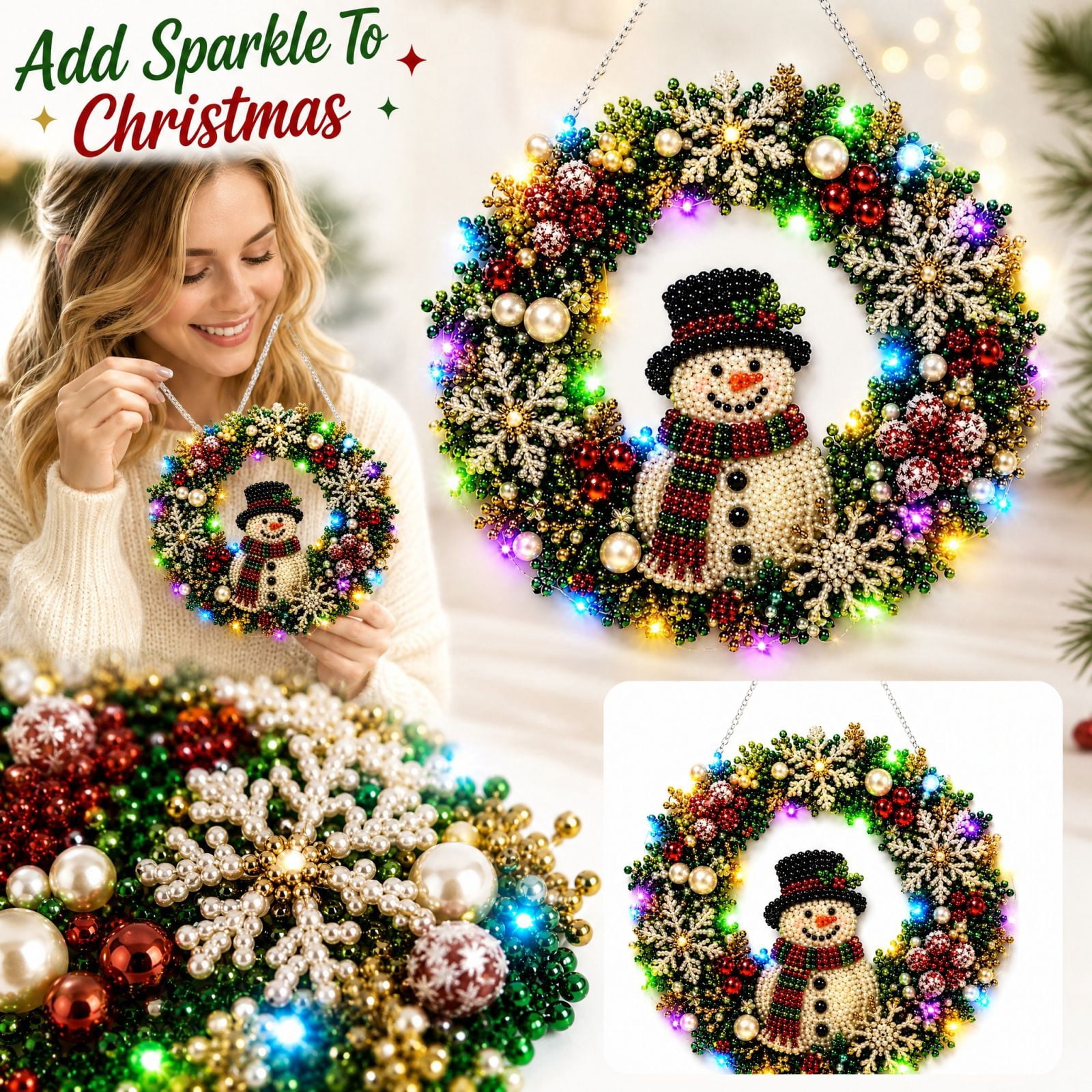 String Candy Kit Christmas Pearl Diamond Art Kit with Snowman Wreath and Led Light ...