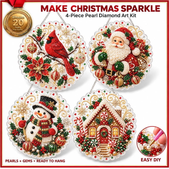 Christmas Pearl Diamond Art Kit for Adults, 4-Piece 3D DIY Hanging Suncatcher Ornaments