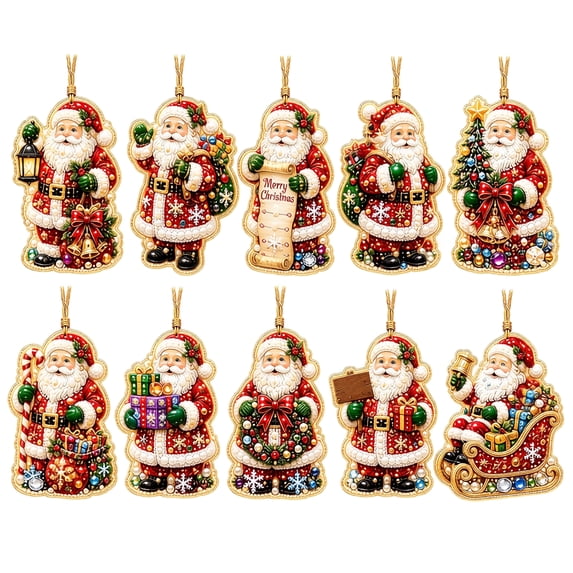 Christmas Pearl Diamond Art Kit with 10 Diy Santa Claus Designs, Festive Red and Gold, for Christmas Tree Decor, Hanging Ornaments
