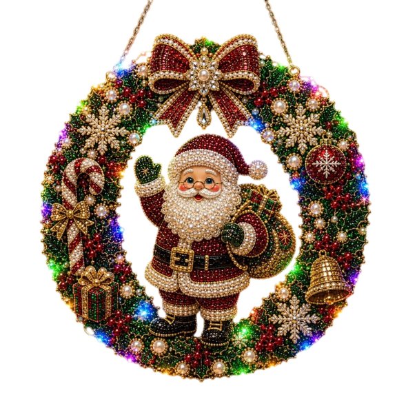 Christmas Pearl & Diamond Art Kit with LED String Lights 10 Inch Suncatcher Wreath with Pearl Beads