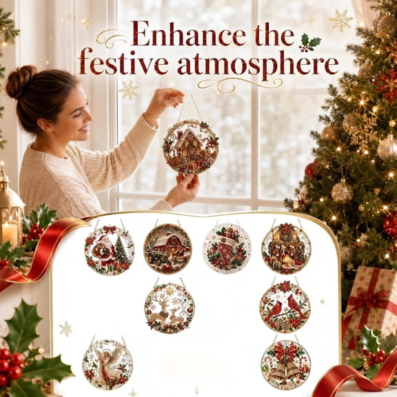 Christmas Pearl Diamond Art Ornament Kit 8 Inch Metal Holiday Hanging Decor 2 Pack, Rhinestone Art Hanging Charm for Christmas Tree, Beautiful Window Ornament with Sparkling