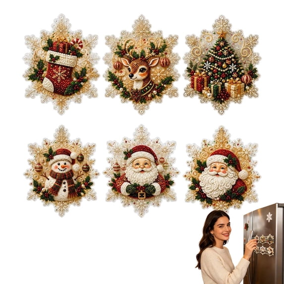Christmas Pearl Diamond Art Painting Fridge Magnets Kit 6 Pcs, DIY Mosaic Crystal Refrigerator Decorative Magnet Art Sets for Adults, Holiday Craft Kit for Home Decor & Gifting