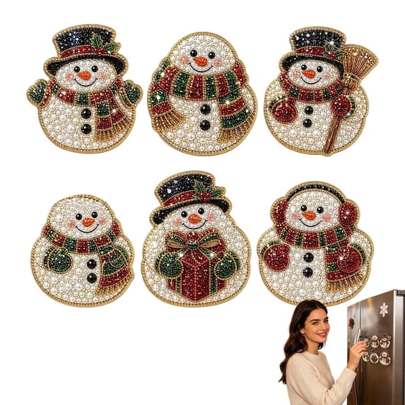 Christmas Pearl Diamond Art Painting Fridge Magnets Kit 6 Pcs, DIY Snowman Mosaic Crystal Refrigerator Decorative Magnet Art Sets for Adults, Holiday Craft Kit for Home Decor & Gifting