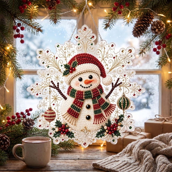 Christmas Pearl Diamond Art Painting Suncatcher Kit, Diy Christmas Pearl Diamond Hanging Ornament Set, 3D Acrylic Snowflake Sun Catcher for Home Wall Decor