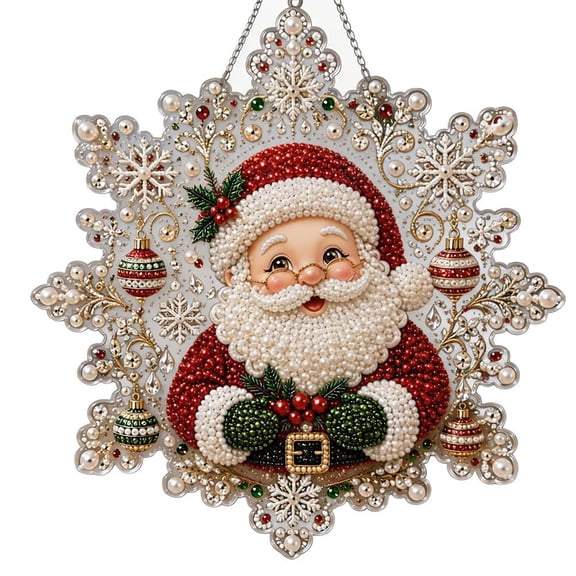 Christmas Pearl Diamond Art Painting Suncatcher Kit,Christmas DIY Craft Pre-Assembled Metal Chain,Acrylic Round Board with Lace Edge,3D Mixed-Sized Pearl Beads Craft for Window Wall Decor