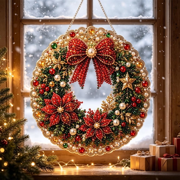 Christmas Pearl Diamond Art Painting Suncatcher Kit, Diy Craft Acrylic Round Board with Lace Edge and Metal Chain, 3D Pearl Beads Craft Hanging Pendant for Window Wall Decor