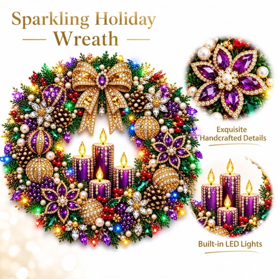Christmas Pearl Diamond Art Wreath with Light String, Purple and Gold Design, for Front Door and Living Room, Hanging Decoration
