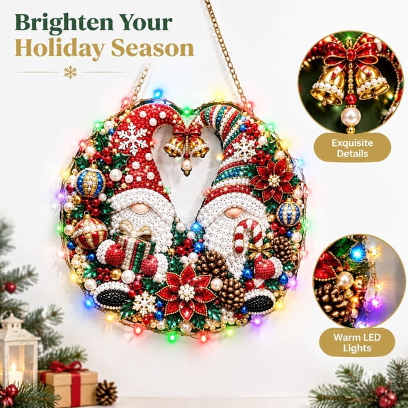 Christmas Pearl Diamond Art with Led Light String, 1 Piece Multicolor Hanging Decoration for Front Door