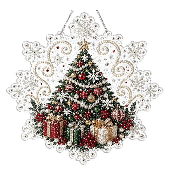 Christmas Pearl Diamond Painting Art Kit Diy Craft Pre-Assembled Metal Chain Acrylic Snowflake Shape Board With Lace Edge 3D Mixed-Sized Pearl Beads Craft,Diy Pattern Window Pendant(12In)